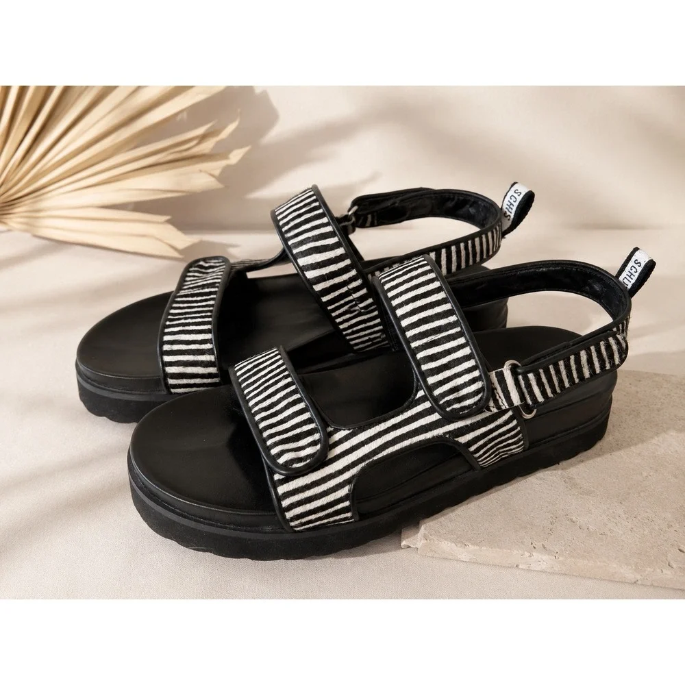 Schutz Black White Striped Calf Hair Platform Slingback Sandals Womens 9.5B